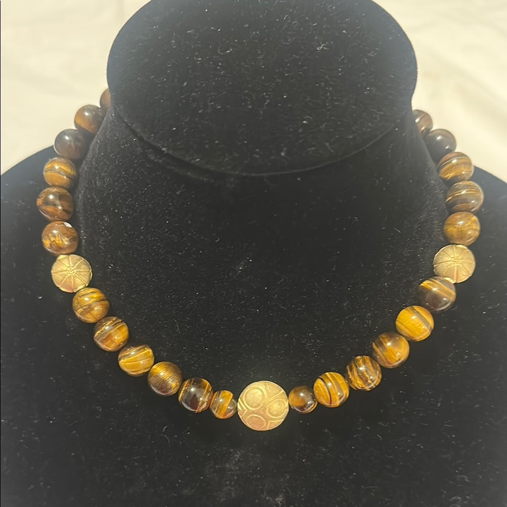 Elegant Tiger Eye and Muted Gold Beaded Necklace